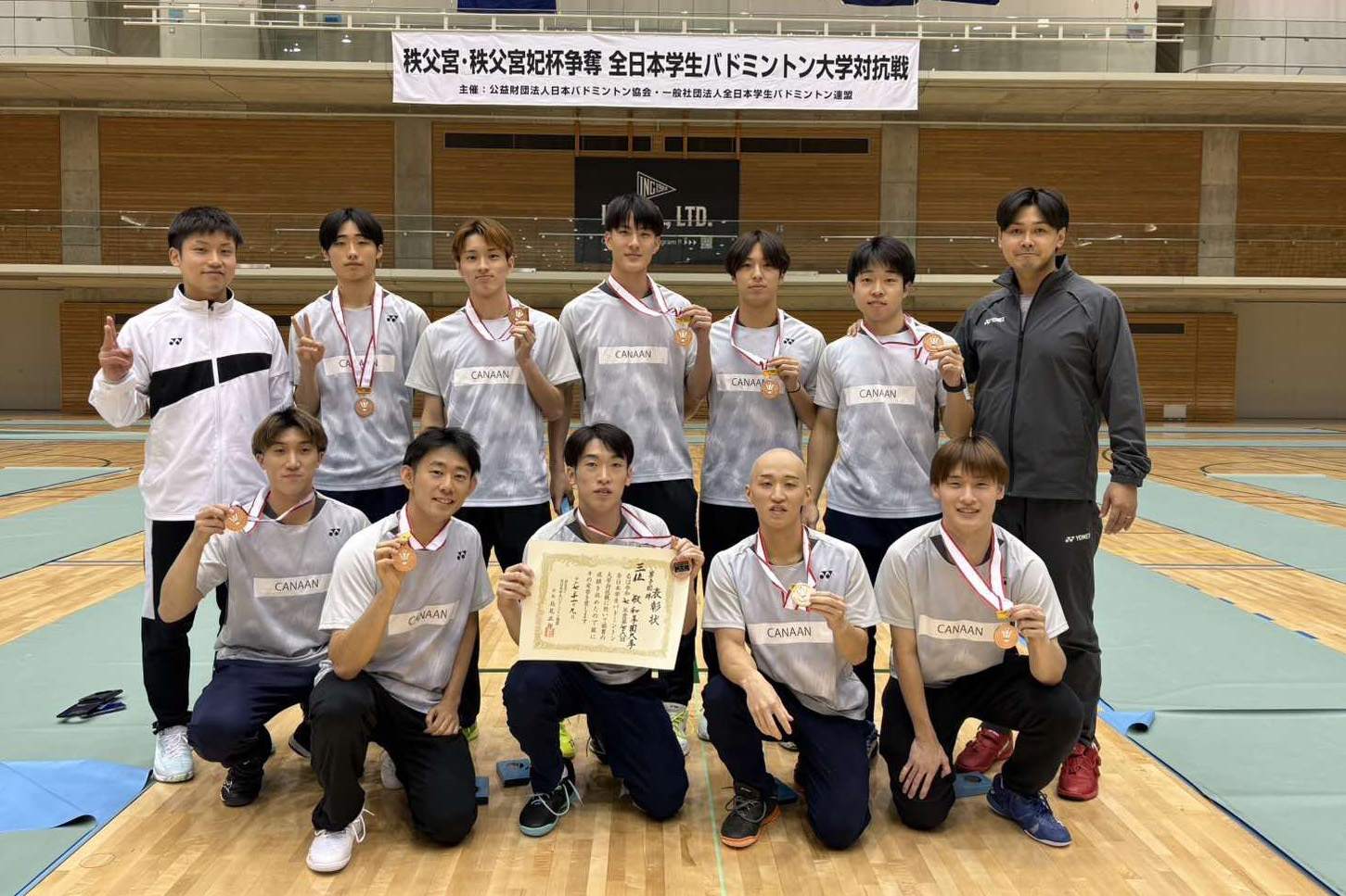 インカレ団体3位入賞、選手と監督、コーチ